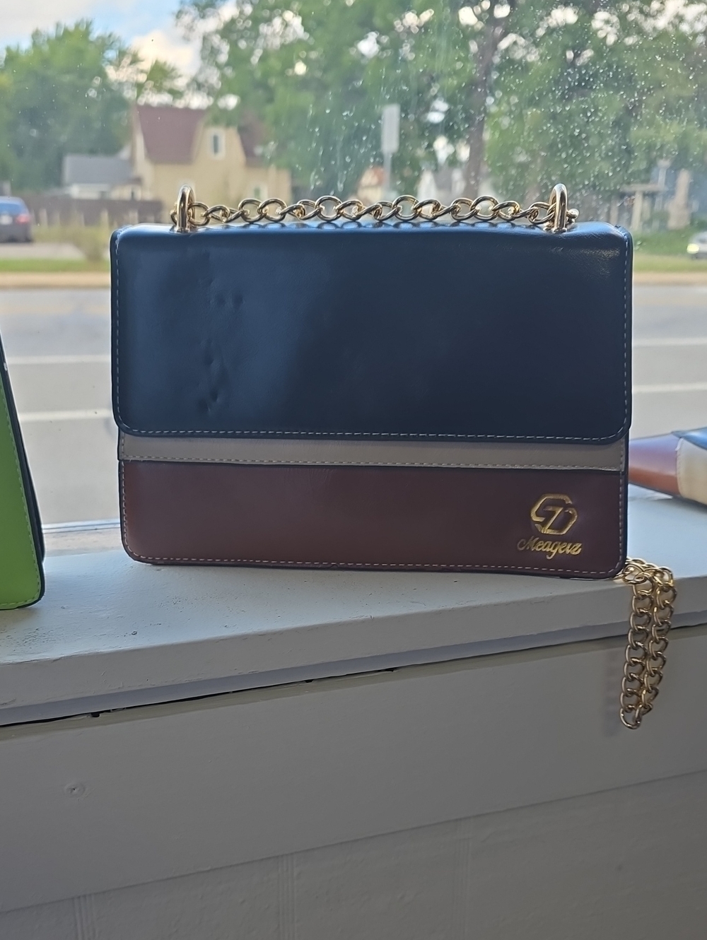 Tri-Color Chain Shoulder Bag - Navy, Brown & Cream